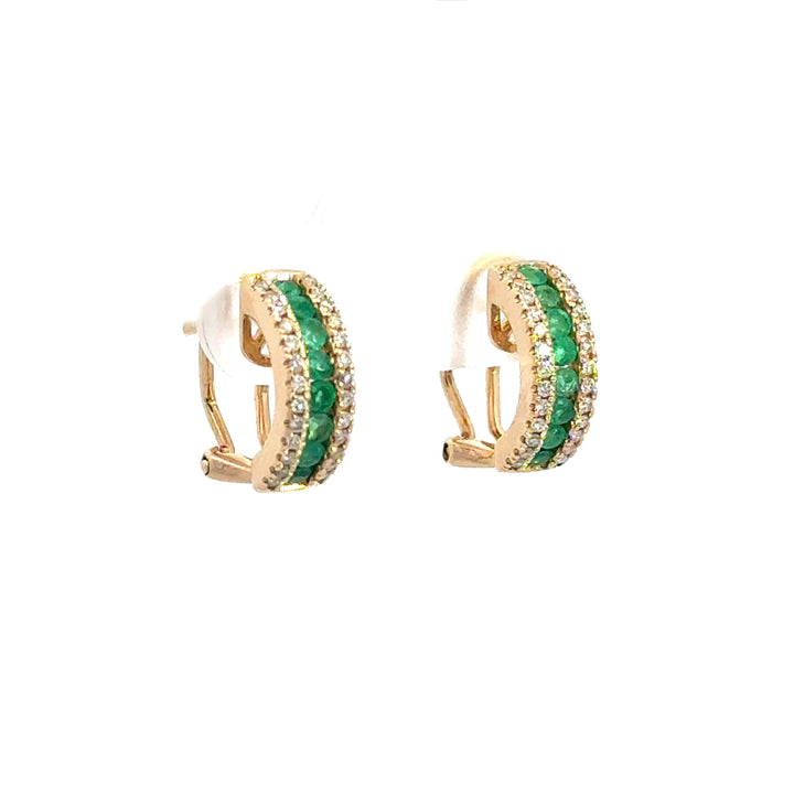 14k Yellow Gold Emerald and Diamond Round Hoop Earrings