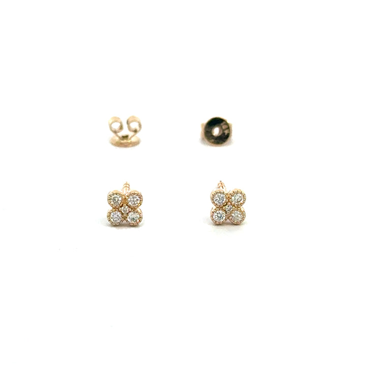14k Yellow Gold Round Diamond Mini Clover Stud Earrings