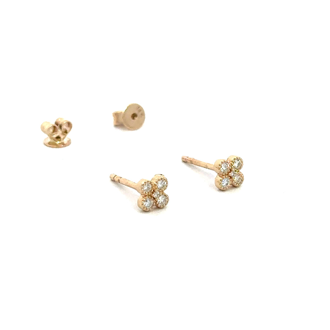 14k Yellow Gold Round Diamond Mini Clover Stud Earrings
