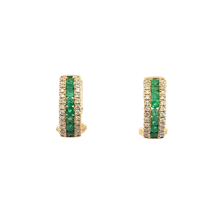 14k Yellow Gold Emerald and Diamond Round Hoop Earrings