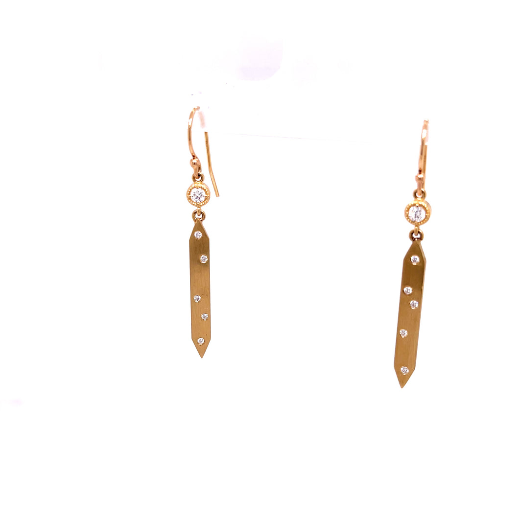 14k Yellow Gold Diamond Circle Dagger Bar Dangle Earrings